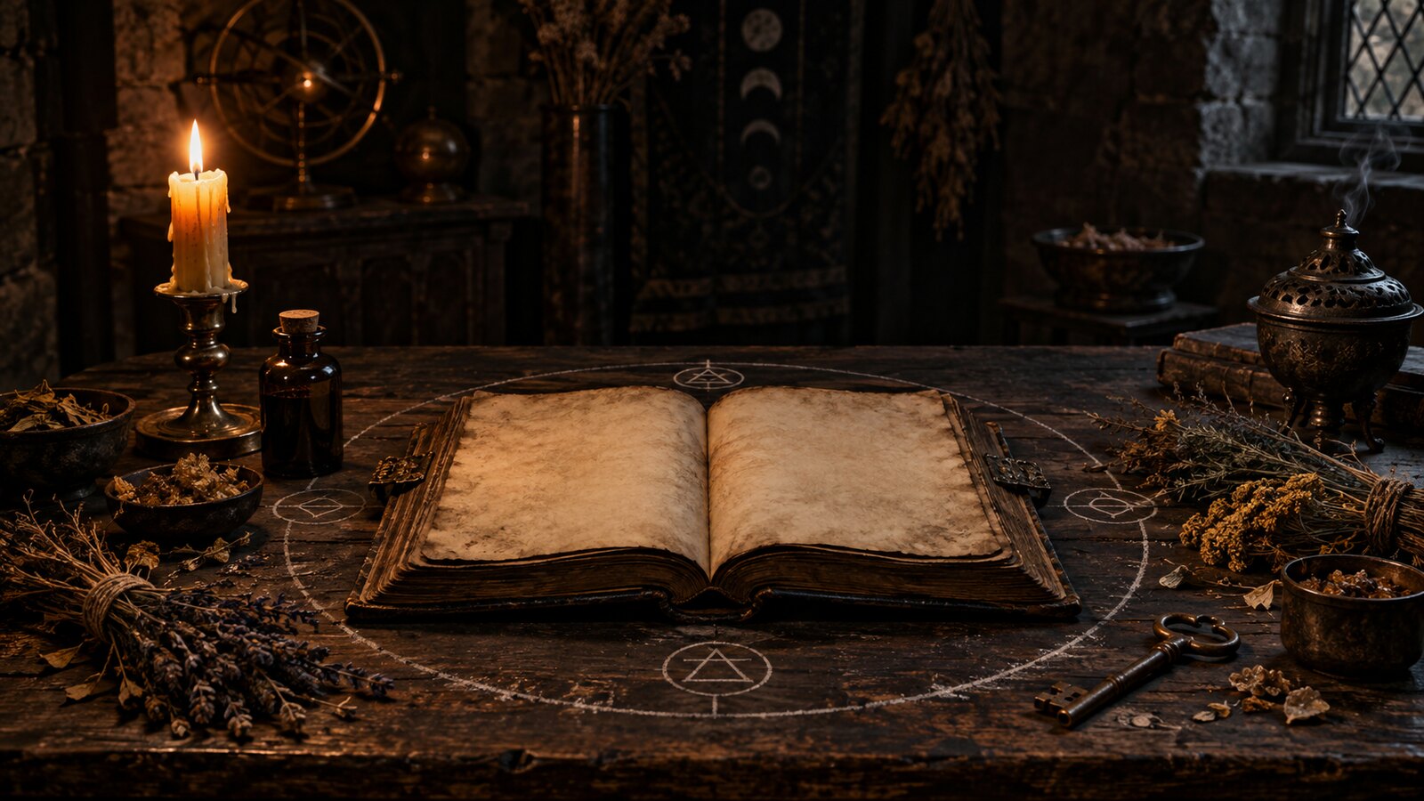 Otwarty stary grymuar, świeca, zioła i symbole rytualne – czym jest magia.