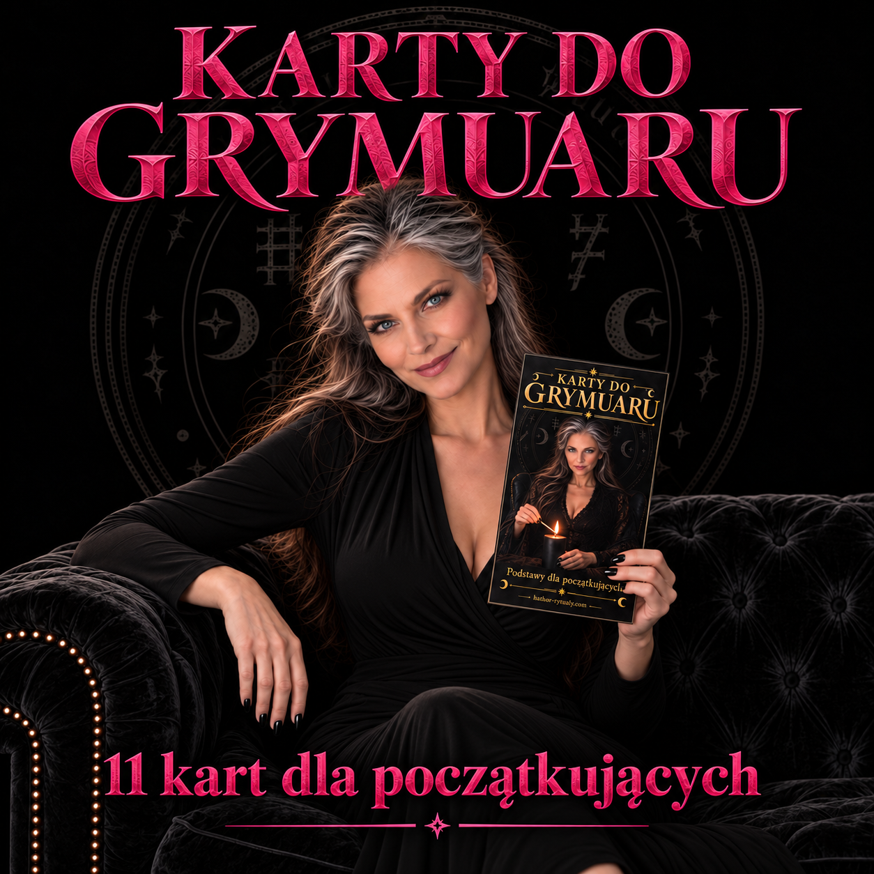Karty do Grymuaru HathoraVex. Zestaw 11 kart o świecach, ziołach, fazach Księżyca i podstawach rytuałów.